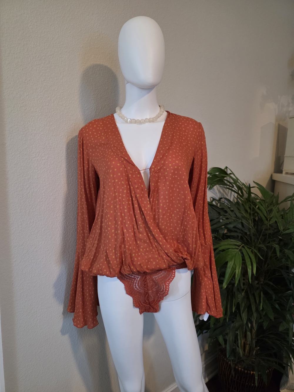 Free People Intimately Makin' Waves Bodysuit Rust Orange & Yellow Polka Dot Sz S